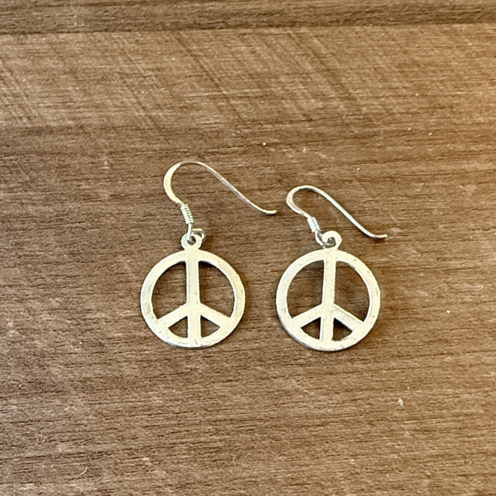 Silver Peace Sign Drop Earrings - Unbranded
